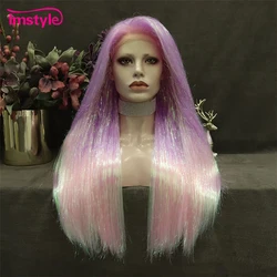 Imstyle Tinsel Lace Wig Pink Ombre Synthetic Lace Front Wig Long Straight Wigig Costume Party Wigs