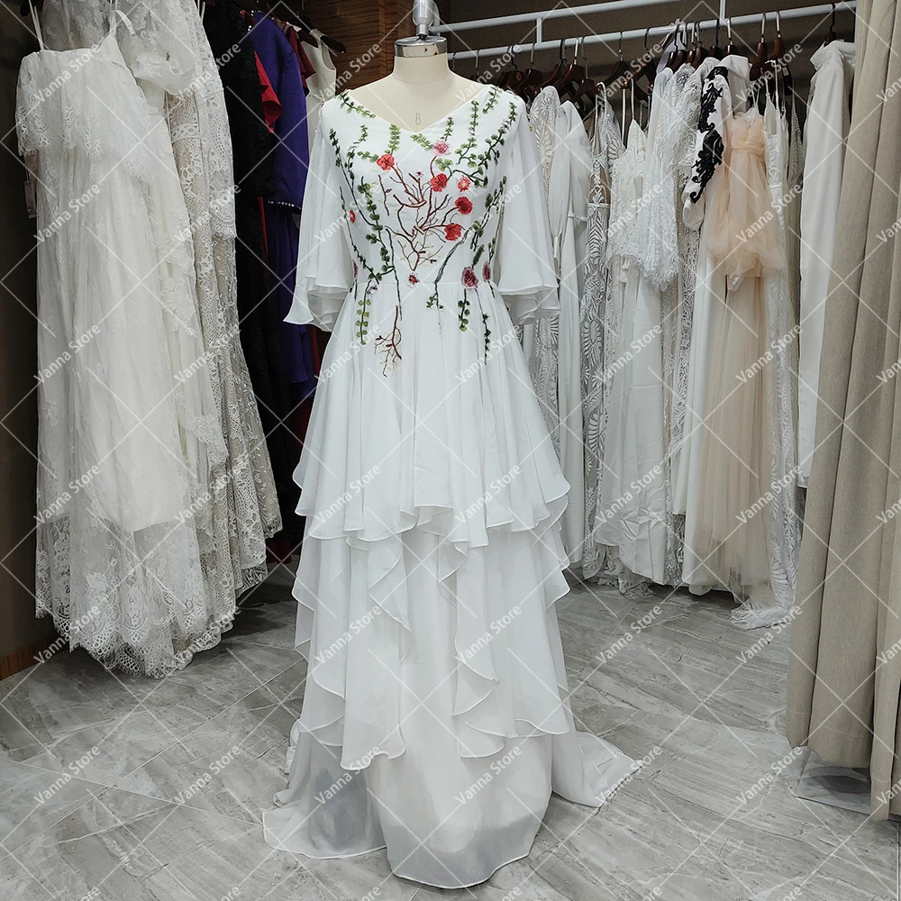 

Half Flare Sleeves Embroidered Lace Garden Maxi Alternative Wedding Gown Custom Made A Line V Neck Chiffon Blossom Evening Dress