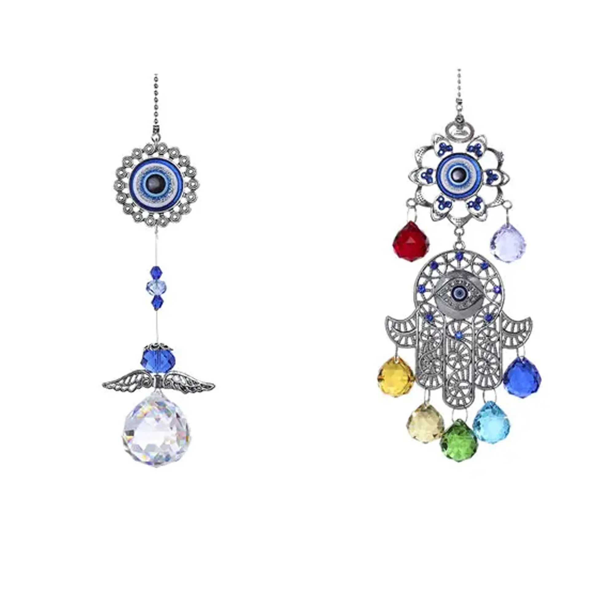 H&D DIY Lucky Hamsa Turkish Blue Evil Eye Crystal Charm Suncatcher Pendant Wind Chime Amulet Home Wall Garden Hanging Decoration