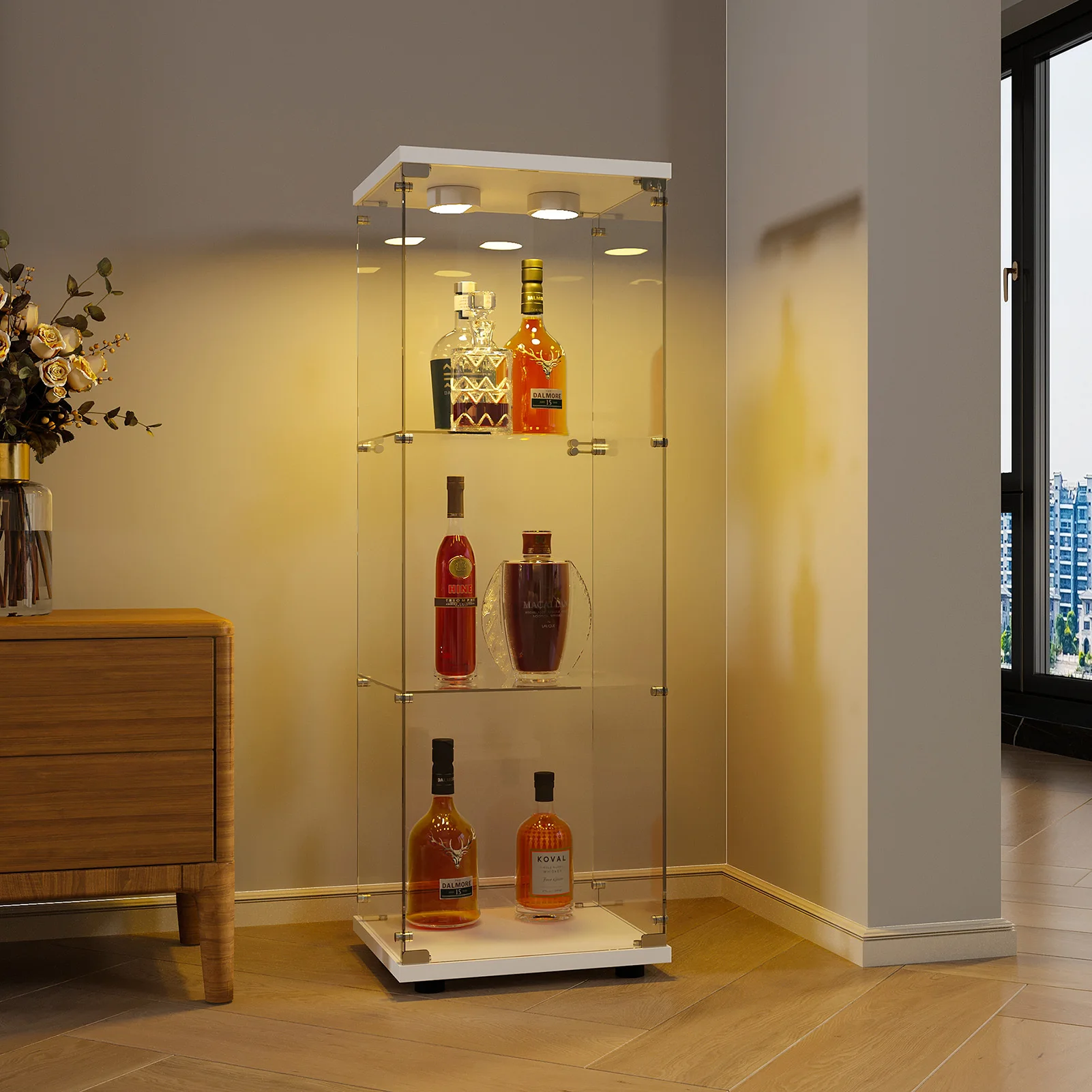 Glasvitrine, 2 Ebenen, Glasschrank, Wohnzimmer mit LED, moderner Glassammlungsschrank, Glasschrank für Schreibtisch, Objektschrank – Detail 13