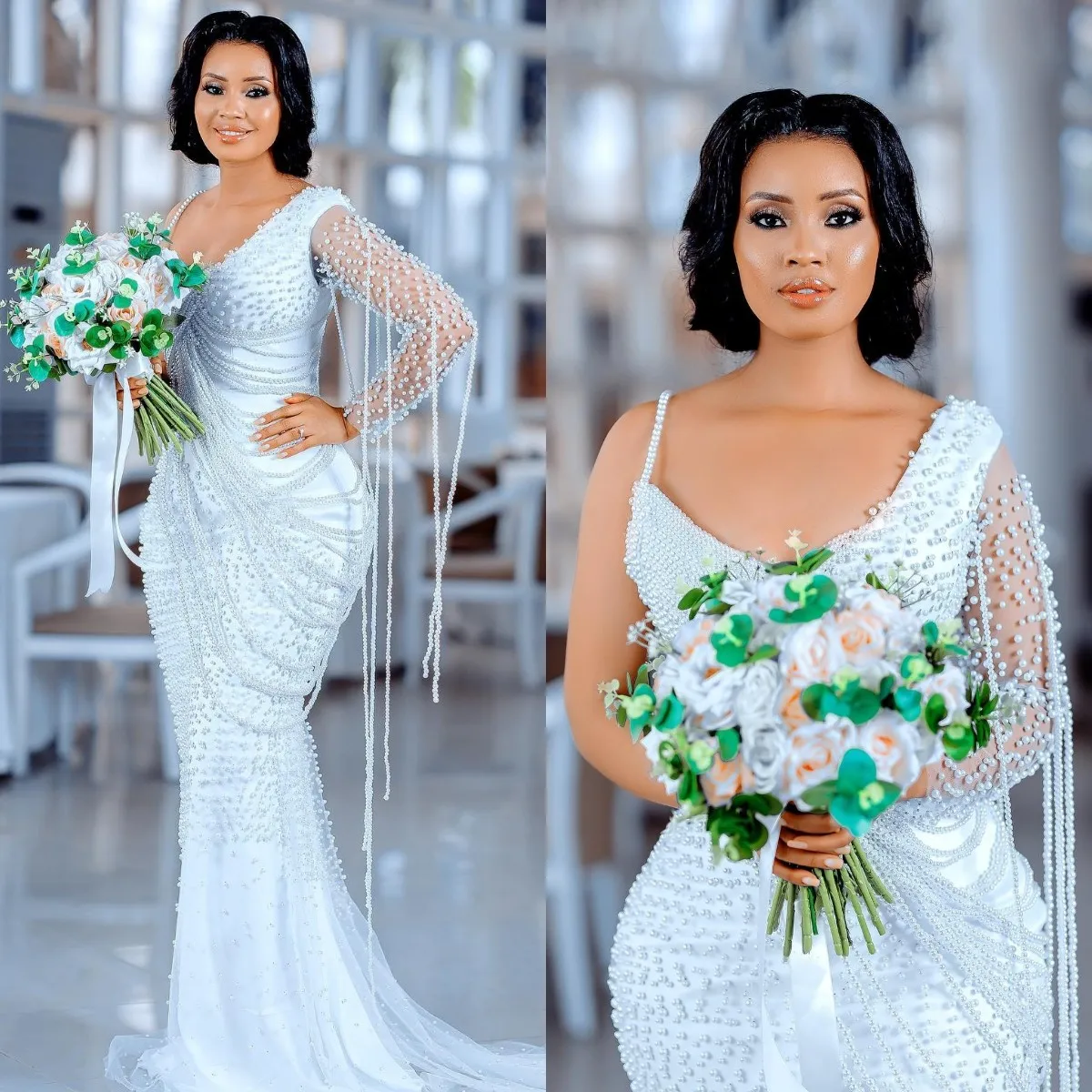 

Gorgeous Pearls Mermaid Wedding Dress One Shoulder Long Sleeve Scoop Neck Bridal Gowns Country Garden Robe de mariee