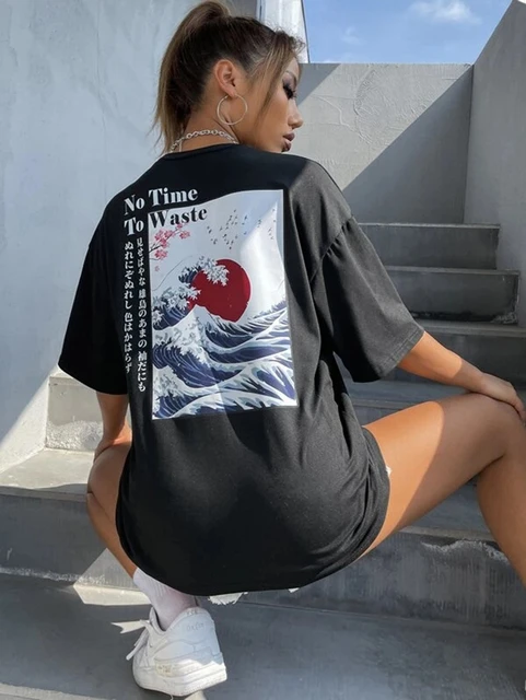 Japanese Style Wave No Time To Waste Tee Vintage Hipster Grunge T-Shirt Kawaii Casual Funny Tops - AliExpress