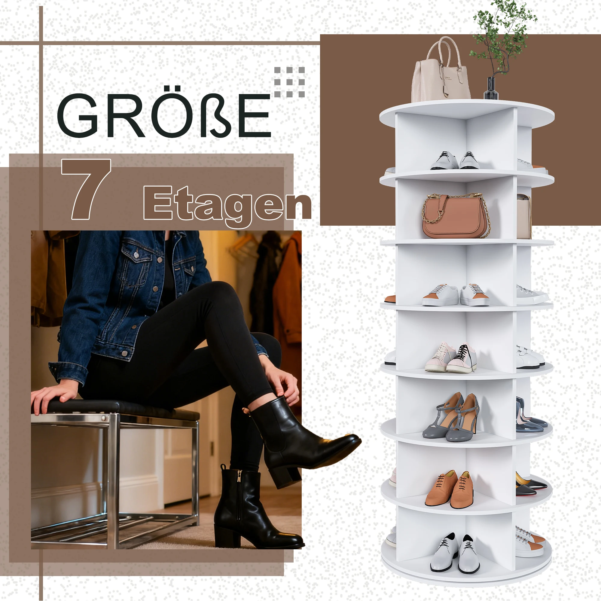 7-poziomowy 360 °   Obrotowy regał na buty, mieści 28 par. Samodzielny organizer na buty oszczędzający miejsce, 60x60x161cm, nowoczesny biały.
