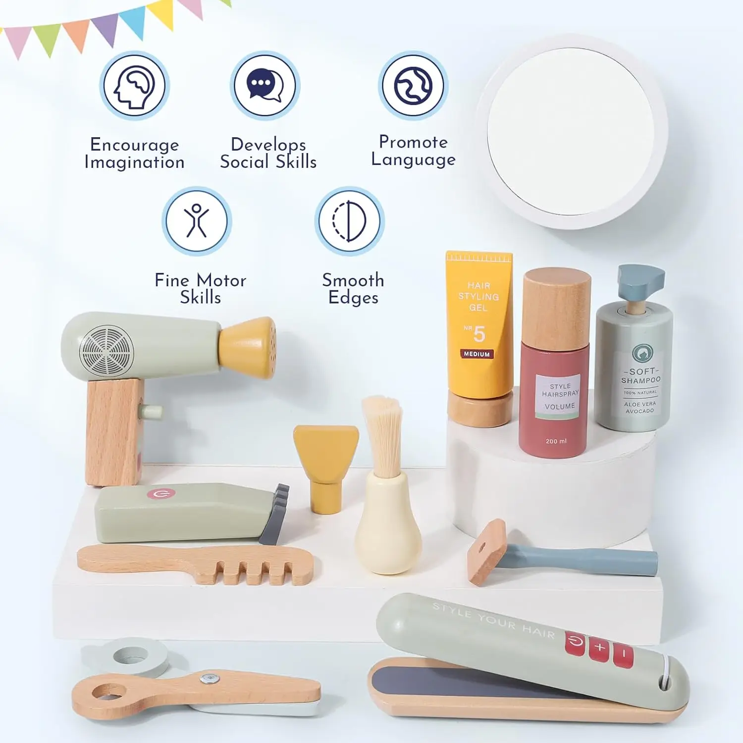 Toddlers Pretend Play Toy Montessori Makeup Toy Set Wooden Barber Playset Kids Hair Salon Playset Role-Play Game Girls Boys Gift makeup toy