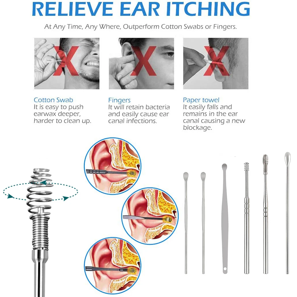 Ear Pick Stainless Steel 6PCS for Ear Care Cleaning Earwax Removal