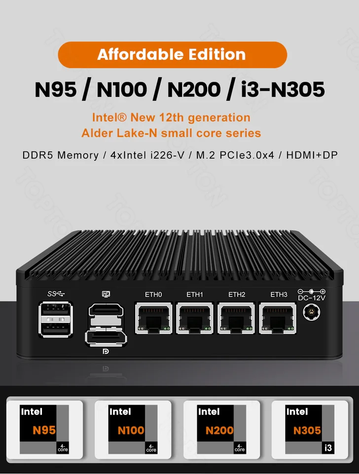 Mini PC Firewall HUNSN RJ44 - Intel N100, 4 Puertos 2.5GbE, Sin RAM/almacenamiento, Para PfSense/OPNsense
