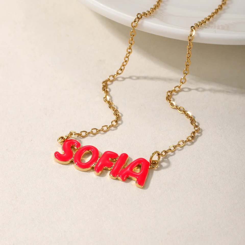 Custom Enamel Bubble Letter Necklace Personalized Jewelry