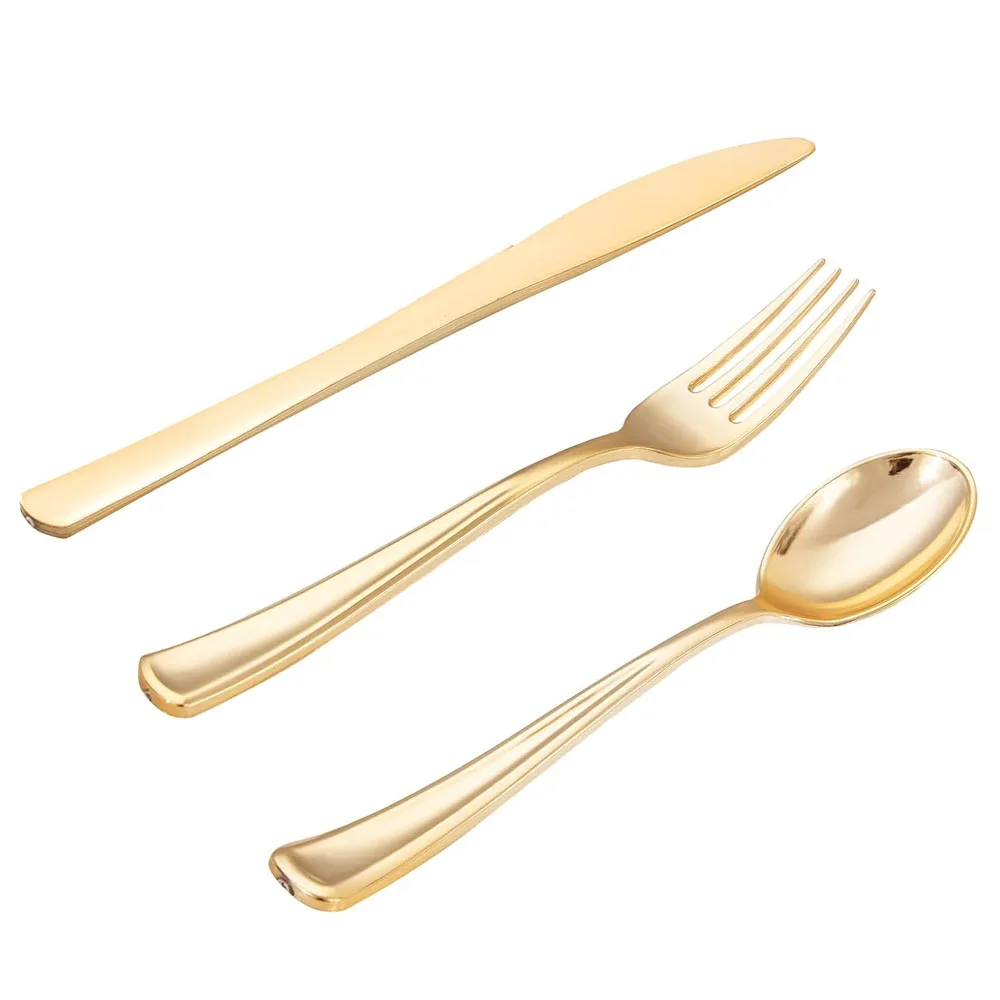 10 Sets of Gold Plastic Knife, Fork and Spoon Set-Gold Party Tableware Set for Parties, Birthdays, Weddings (10 pieces each of