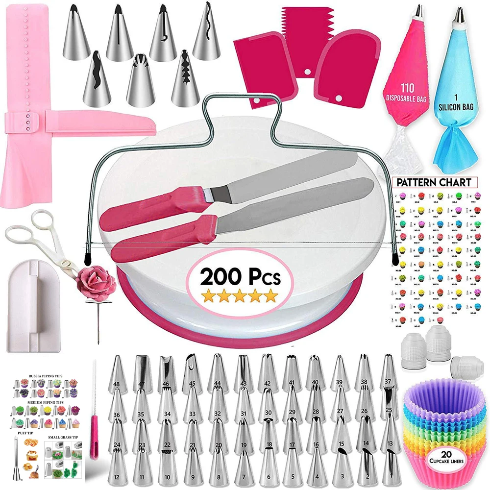 150/200PCS Rotating Anti-slip Cake Decorating Turntable Set Pastry Reusable Silicone Pastry Bag Stainless Steel Piping Nozzle cake turntable baking supplies cake tools cake decorating kit rotating bearing turntable