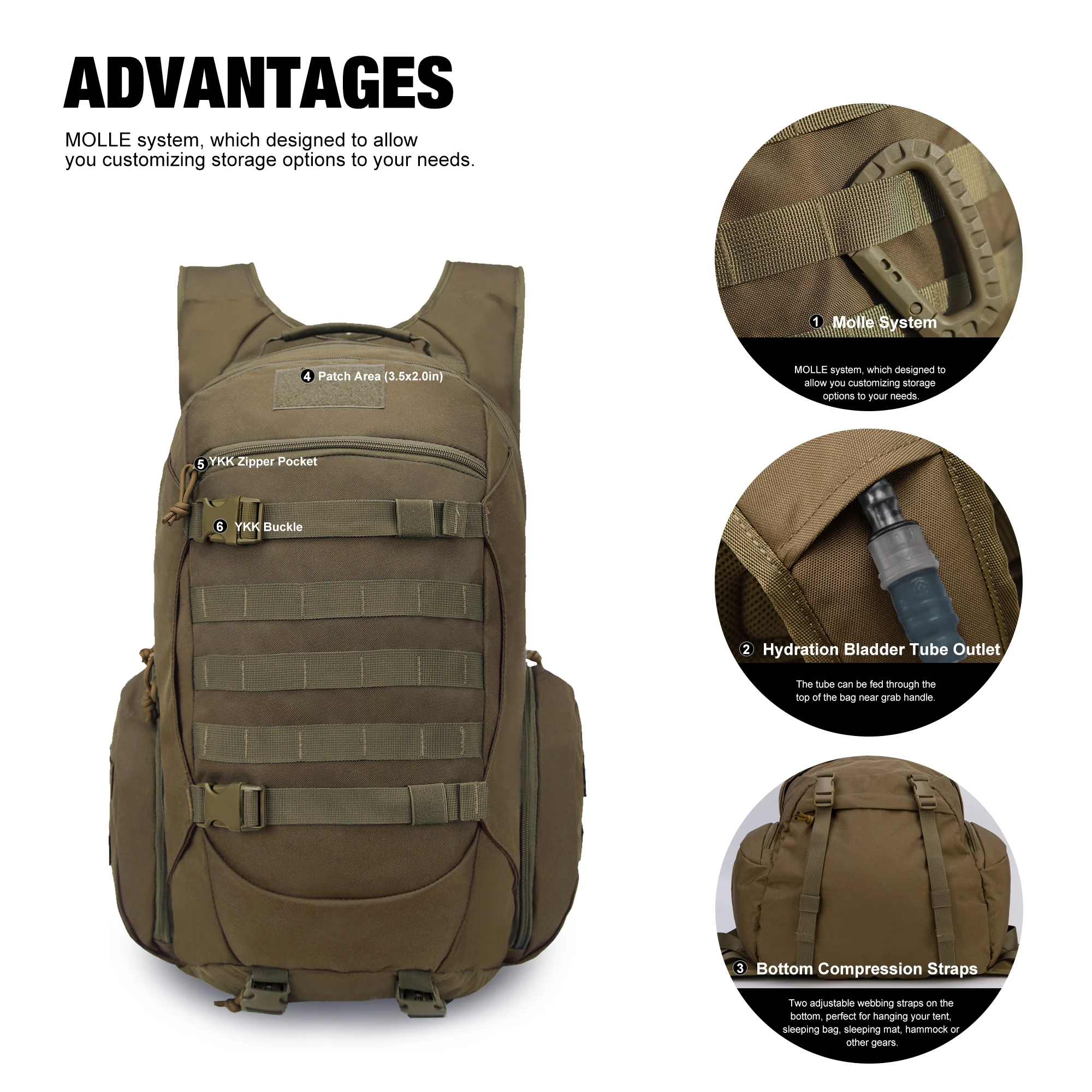 Mardingtop 35L Tactical Backpack Molle Daypack with Rain Cover for Camping Motorcycle Military Trekking