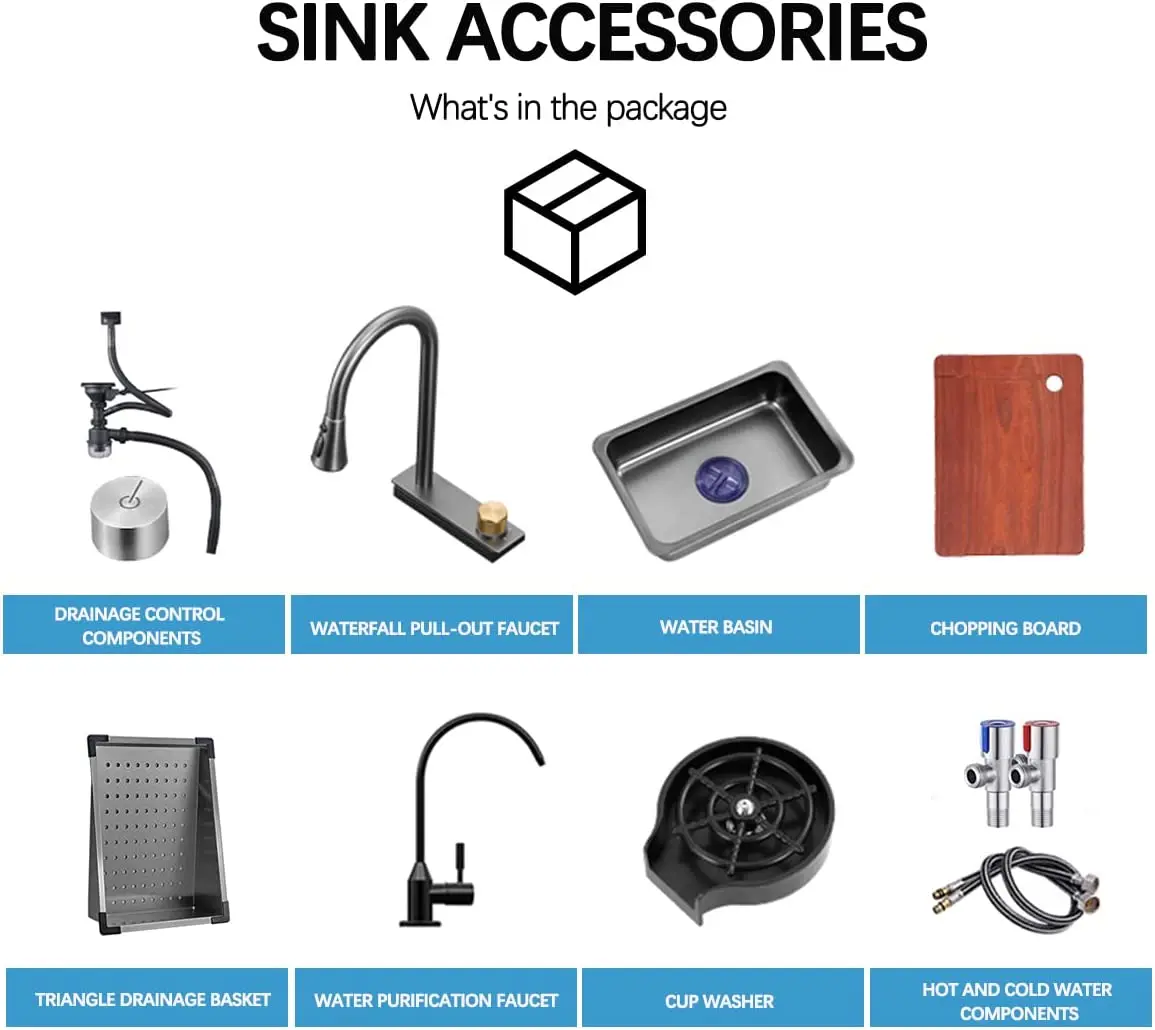 Nano Black Flying Rain Drop In Stainless Steel Watefall Kitchen Sink Single Bowl with Pull Down Faucet Se