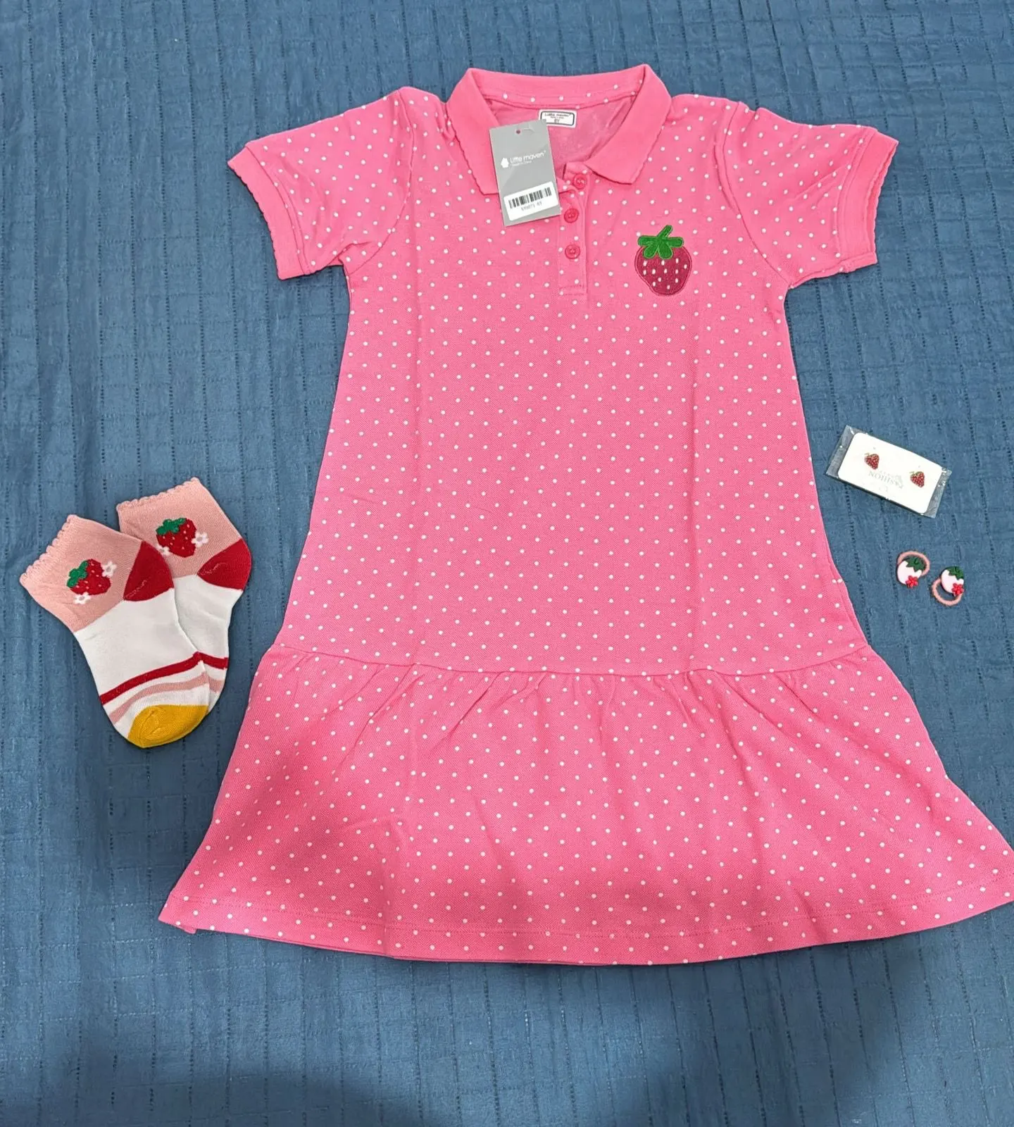 Little maven Summer Girls Clothes Strawberry Appliques Lovely Kids Girls Causal Polo Dresses for Girls Turn-Down Collar Dress photo review