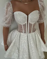 SoDoigne Shiny A Line Mini Wedding Dresses Sweetheart Short Sleeves Boning Corset Evening Party Dresses Bride Dress for Women 1