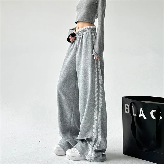 Harajuku Splice Drawstring Sports Casual Pants Women's Lace Patchwork Loose Wide Leg Long Trousers Fall Style Straight Match 2