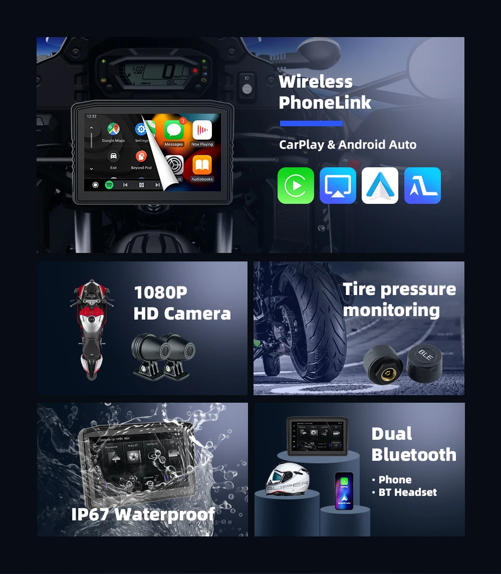 Motorcycle Navigation Screen EKIY Motorcycle GPS 6.25 inch WiFi MOTO Navigation Waterproof Carplay Display Screen Portable Anti-Theft Removable Screen