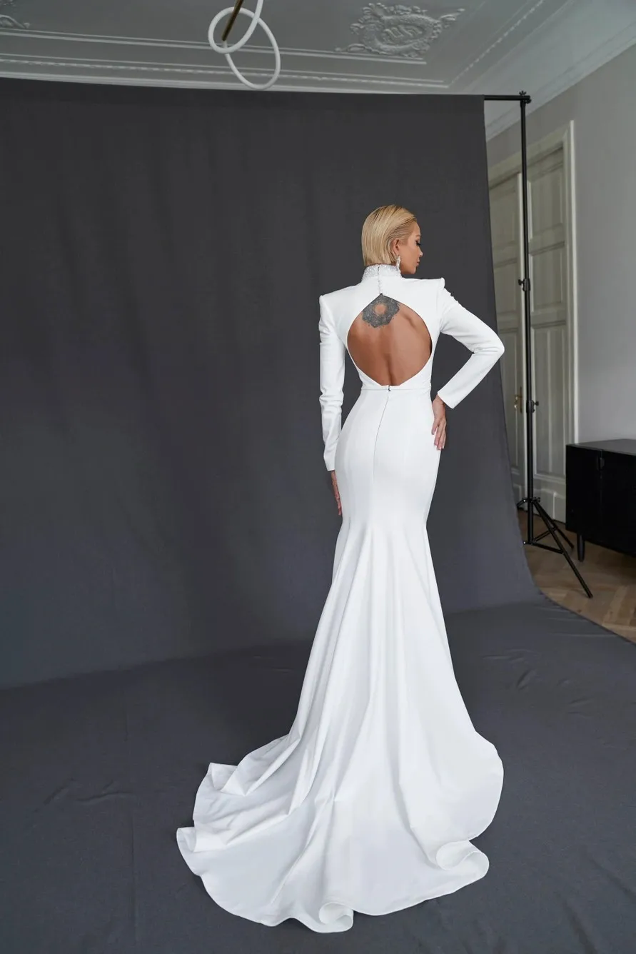 2025 Wedding Dress Mermaid Satin High Neck Sequin Long Sleeves Modest Backless Chic Bride Dress Women Customized Wedding Gown 4
