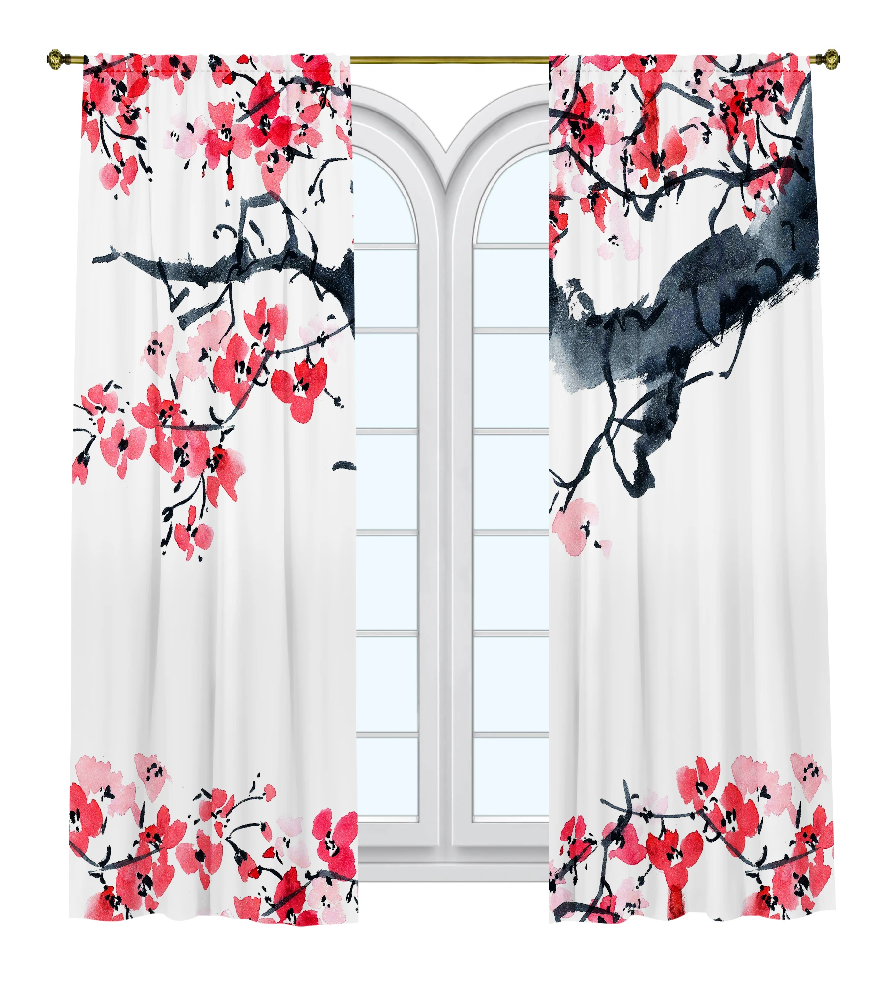 

Sakura Tree Printed Curtain / Bedroom Dining Room Living Room Covers Set of 2 Panels -Traditional Ink Drawing Flowers Decor Art