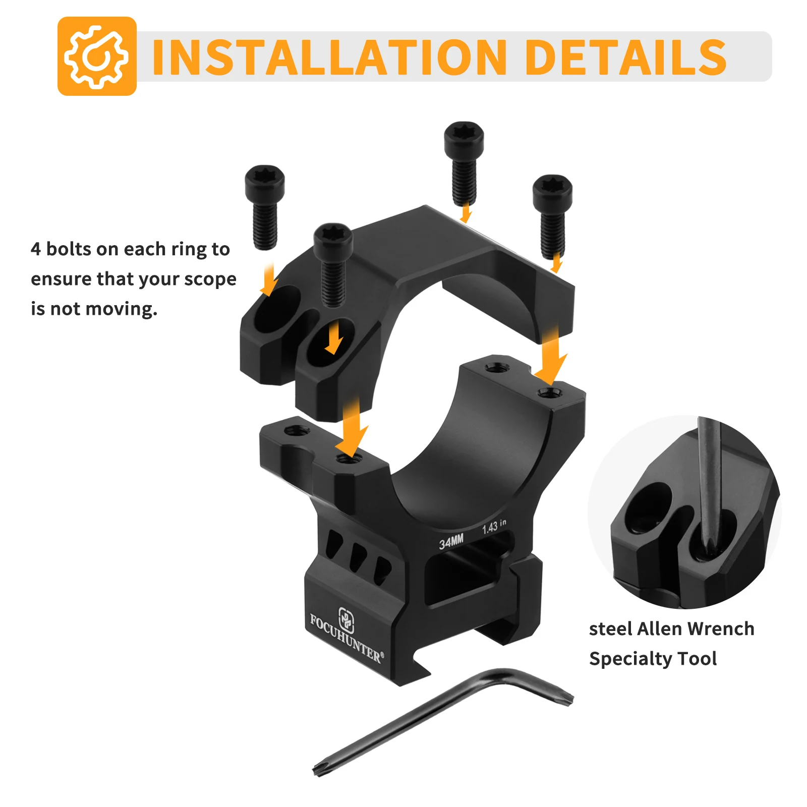 FOCUHUNTER 34mm Scope Mount adaptador 34mm Diameter Tactical Sight Ring Mount Hunting 20mm Base Sights Ring Adapter