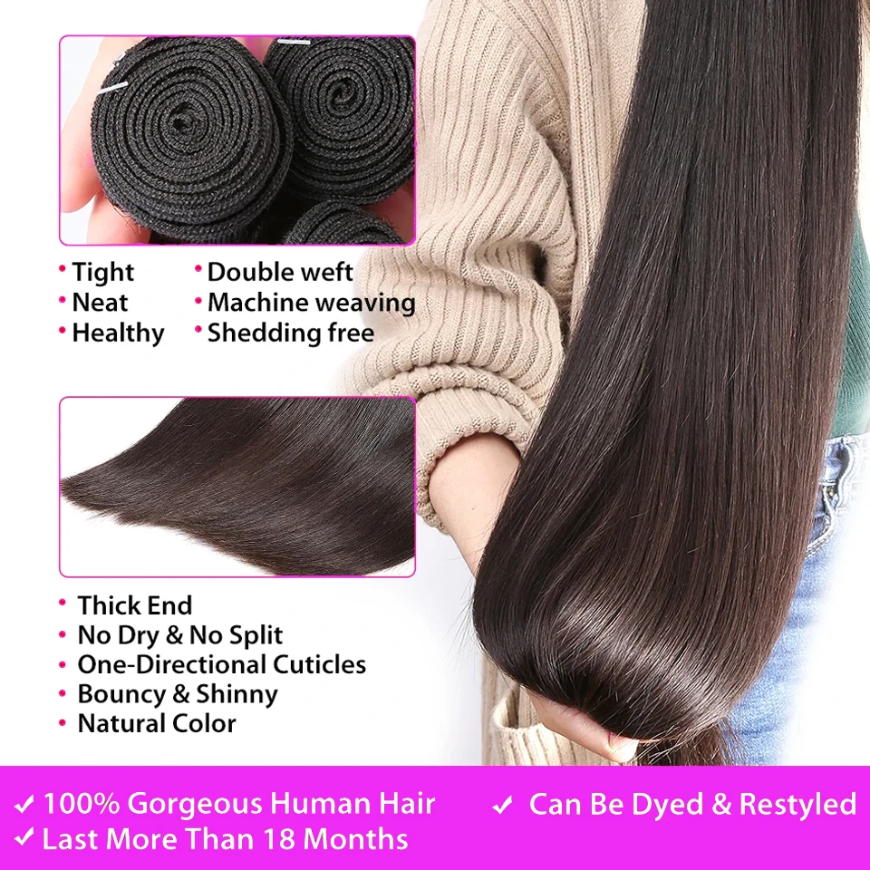 Extensiones de cabello humano brasileño para mujer, pelo liso con encaje Frontal transparente, 13x4, 28, 30 y 32 pulgadas, 3 uds.