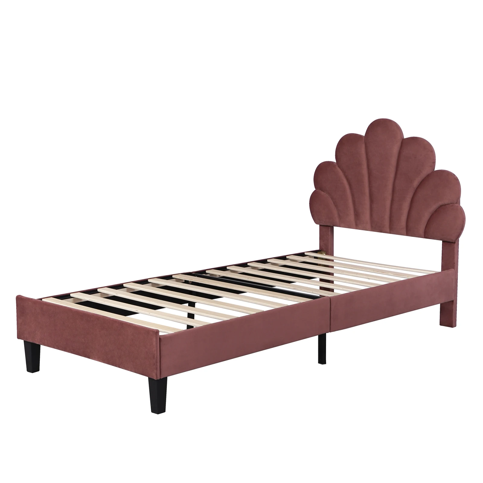 Rosahqnda Kinderbett Einzelbett Polsterbett 90x200cm, Blumenförmiges Kopfteil und Lattenrost,Samtstoff,Mädchenbett,Ohne Matratze – Detail 7