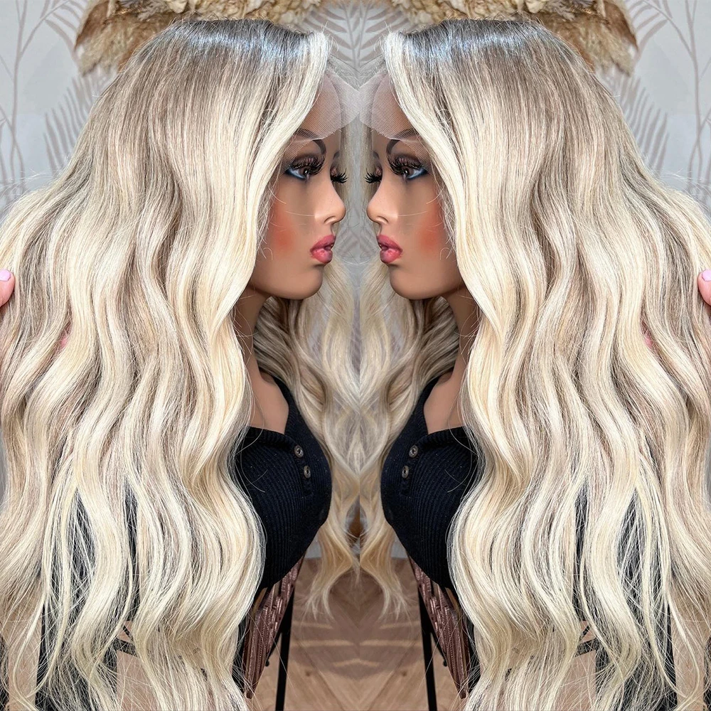 Real Virgin Brazillian Human Hair Full Lace Wigs Buttercream Blonde Highlights Wig Dirty Blonde Roots HD Lace Front Wig 13x6