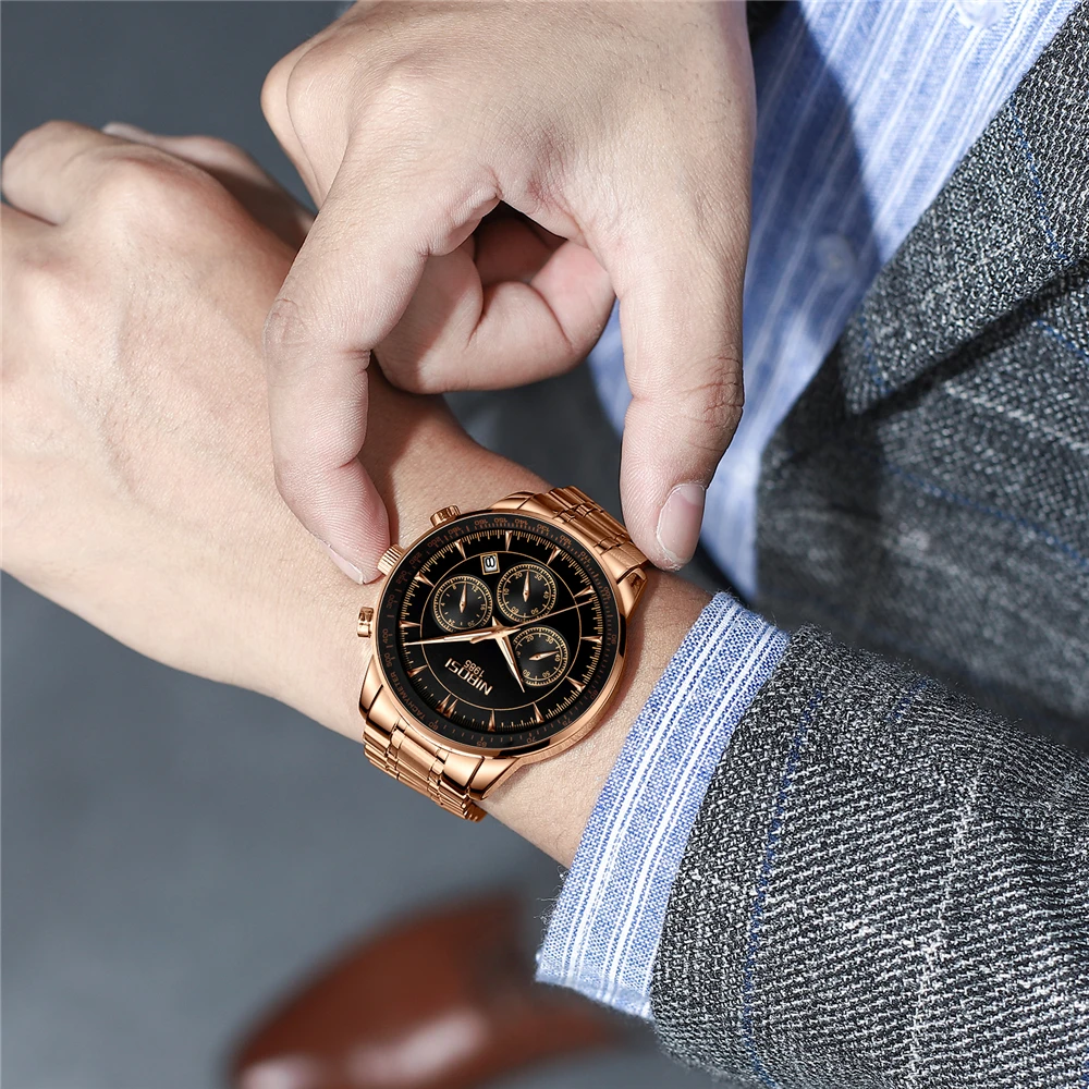 NIBOSI Sports Mens Watches Luxury Stainless Steel Quartz Wristwatch Calendar Luminous  Business Casual Men Watch Reloj Hombre