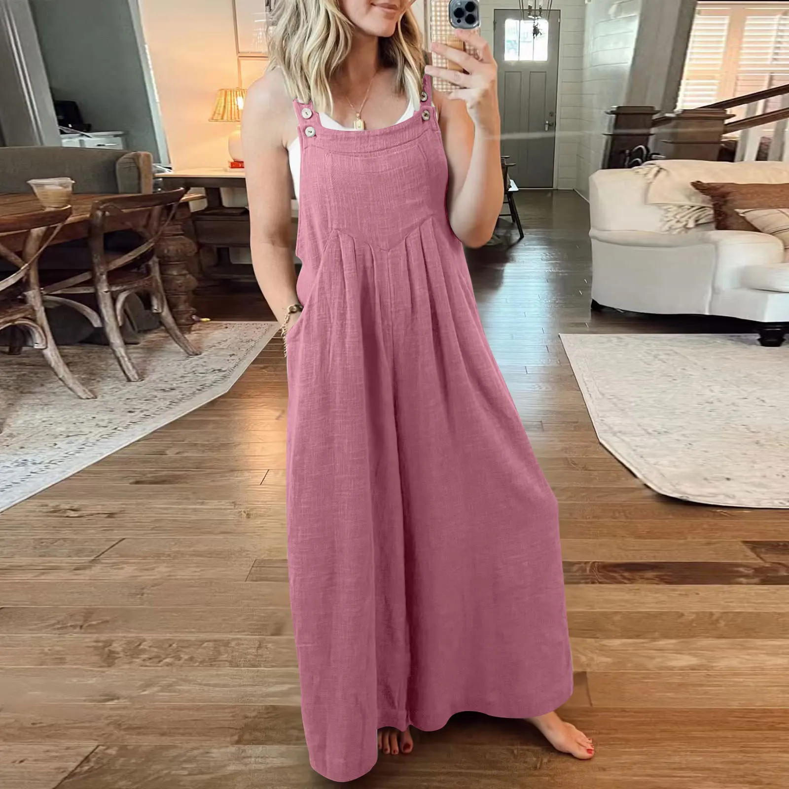 Cotton Linen Ladies Bib Pant Suspender Trouser Loose Casual Female Women One-Piece Wide Leg Romper Overalls Jumpsuit Streetwear 5