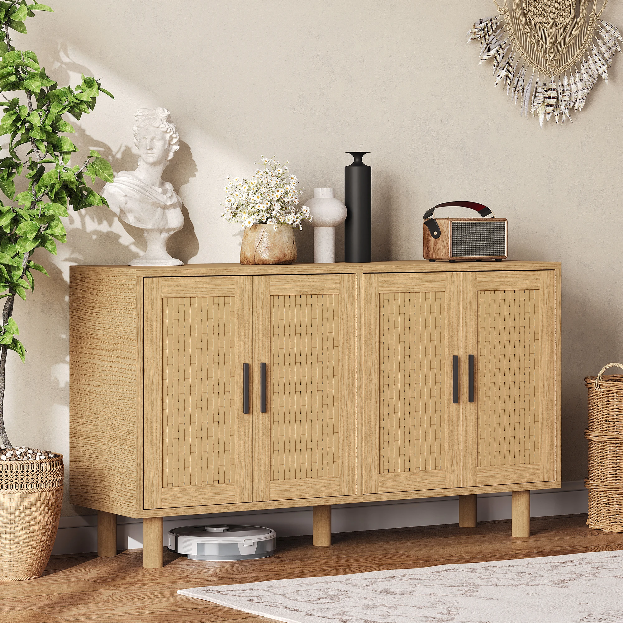 Moderne Aufbewahrungsmöbel, Buffet-Schrank für das Wohnzimmer mit LED, 4 Türen, 2 Schubladen, verdeckte Türgriffe, Küche oder Eingangsbereich, Schwarz – Detail 9