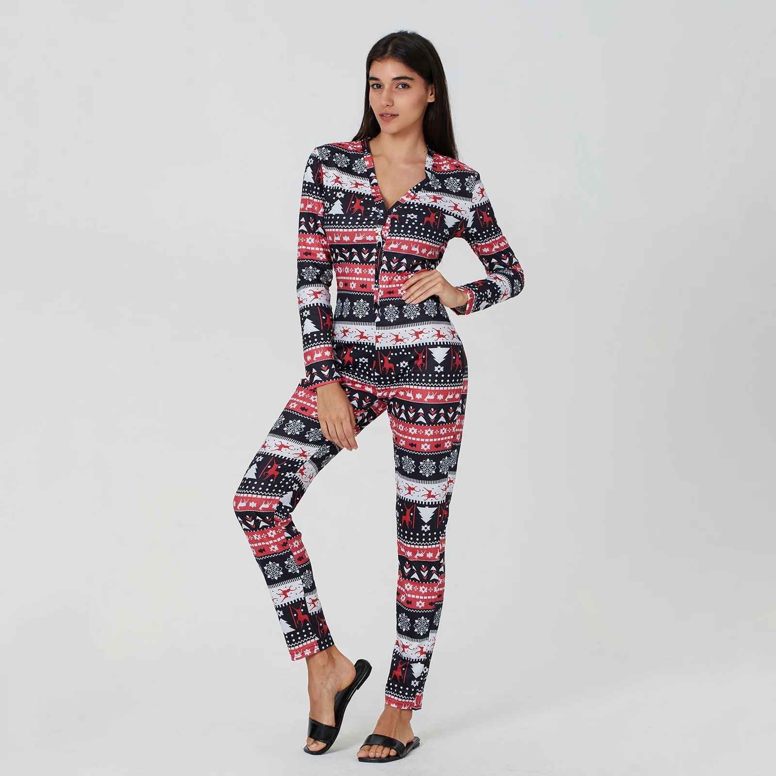 Women Pajamas Jumpsuit Buttons V Neck Long Sleeve Christmas Cartoon Printed Sleepwear Home Wear S/M/L/XL/XXL