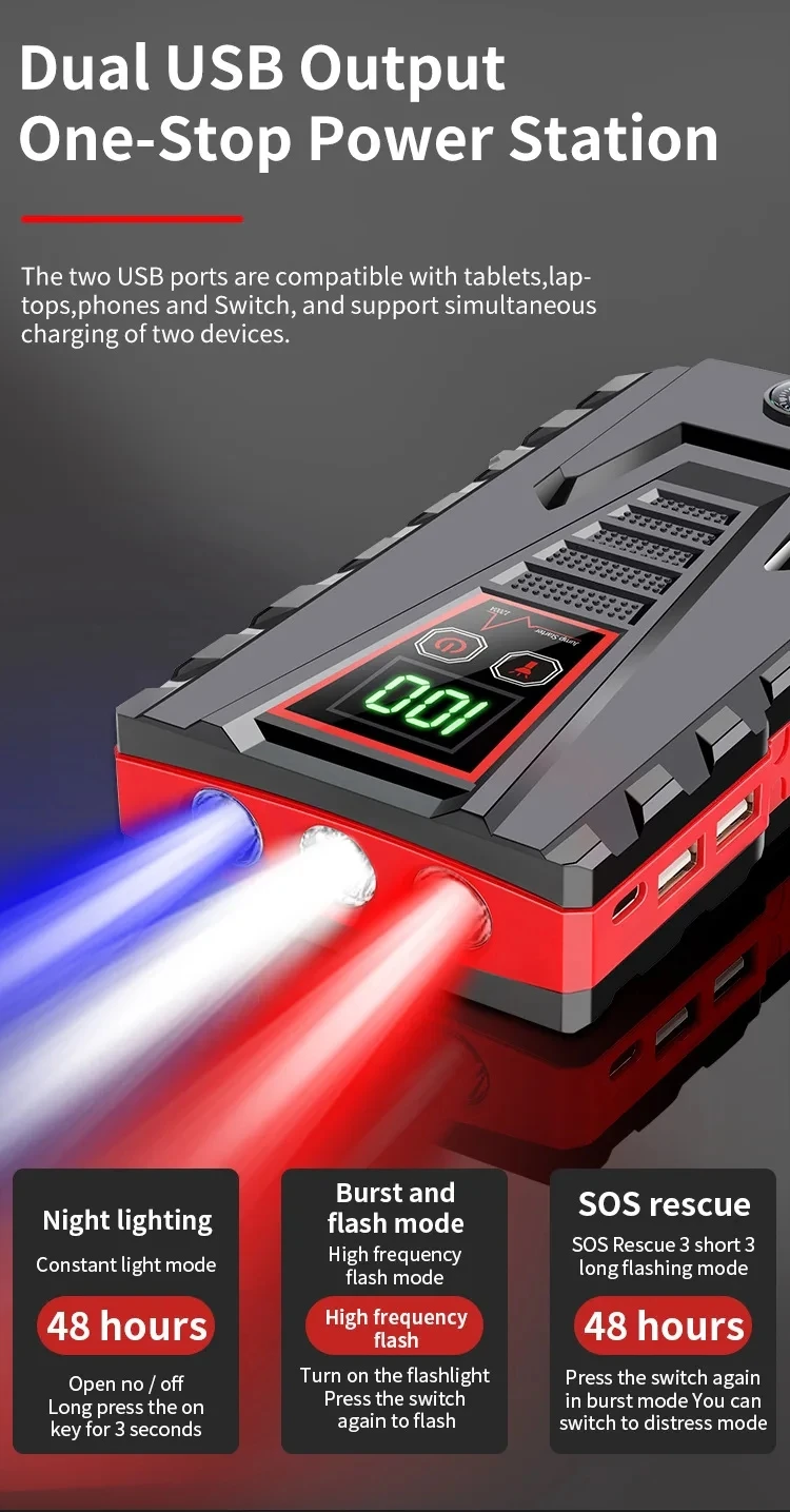 12000mAh Tragbarer Auto-Starthilfe-Booster mit 5000A Spitzenstrom, Powerbank-Ladegerät, 12V Auto-Startgerät für Benzin- und Dieselfahrzeuge, Notfallbatterie – Detail 8