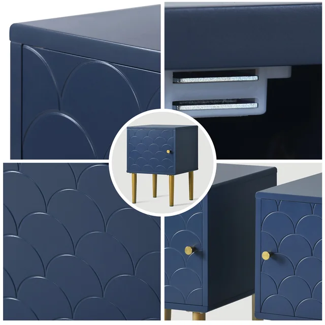 Set 2 comodino, comodino per camera da letto, blu Navy, squame di pesce design-H50/L35/P35 cm 6