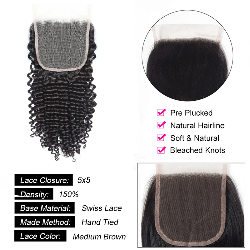 5x5 Deep Curly Lace Closure Transparent Curly Human Hair Brazilian Hair Swiss Lace Closures Melt Skins Small Knots Natural Color human hair extensions,human hair closure,human hair lace product,human hair frontal