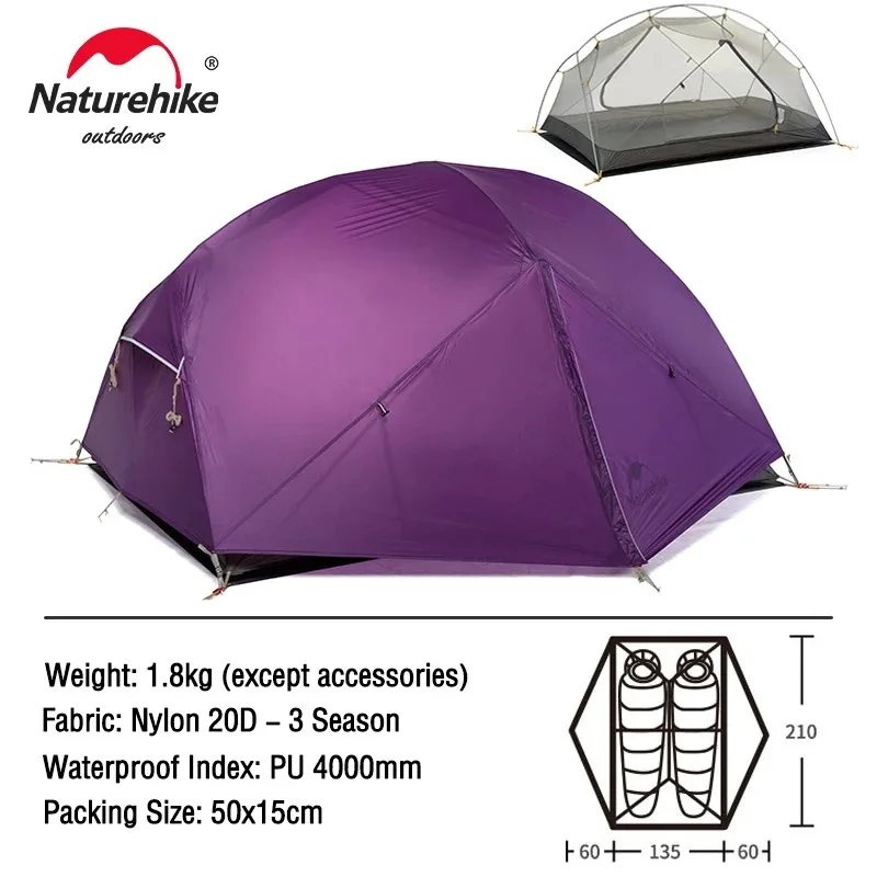 thumbnail image 1 of Tienda de campaña Naturehike Mongar 2 para 2 personas, ultraliviana, de 20 D, impermeable, para senderismo, supervivencia, acampada al aire libre, 1 of 5