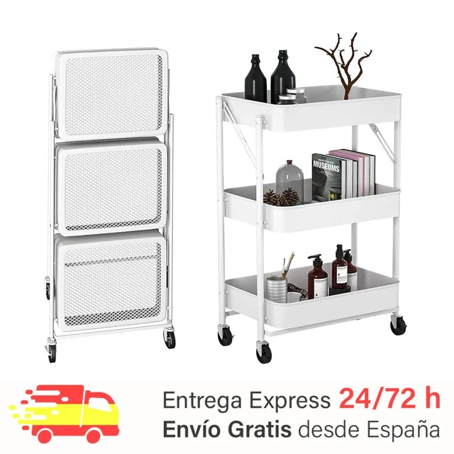 Carrito de Cocina Auxiliar. Carro Verdulero Plegable, Multiusos. Estantería  de Cocina con Ruedas. Carro de Servicio con 3 Niveles de Almacenaje para el  Hogar, Baño, Salón, Terraza, Manualidades. - AliExpress