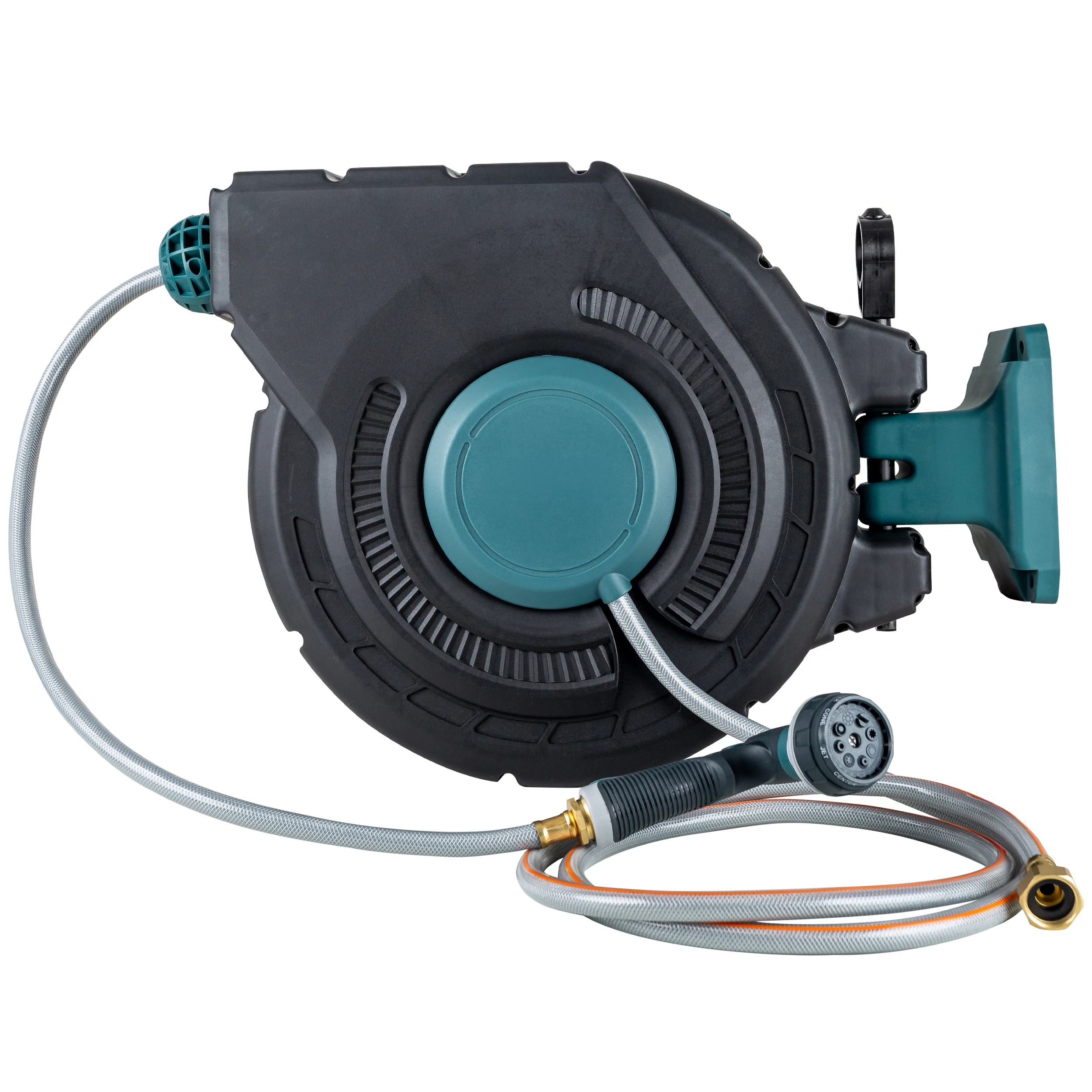 Heavy Duty Retractable Garden Hose Reel Wall Mounted 100FT with 6 Pattern Nozzle Slow Return 180° Swivel for Water Saving