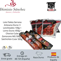 Lote Paleta Serrana Artesana Duroc 3 loncheados 100g + Lomo Duroc 450g aprox + Chorizo Cular Zamorano MG 500g aprox + Salchichón Cular 500g aprox en caja de regalo