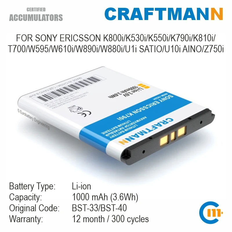 Craftmann Battery For Sony Ericsson K800i/k530i/k550i/k790i/k810i/t700/w595/w610i/w890i/w880i/u10i  Aino/z750i (bst-33/bst-40) - Mobile Phone Batteries - AliExpress