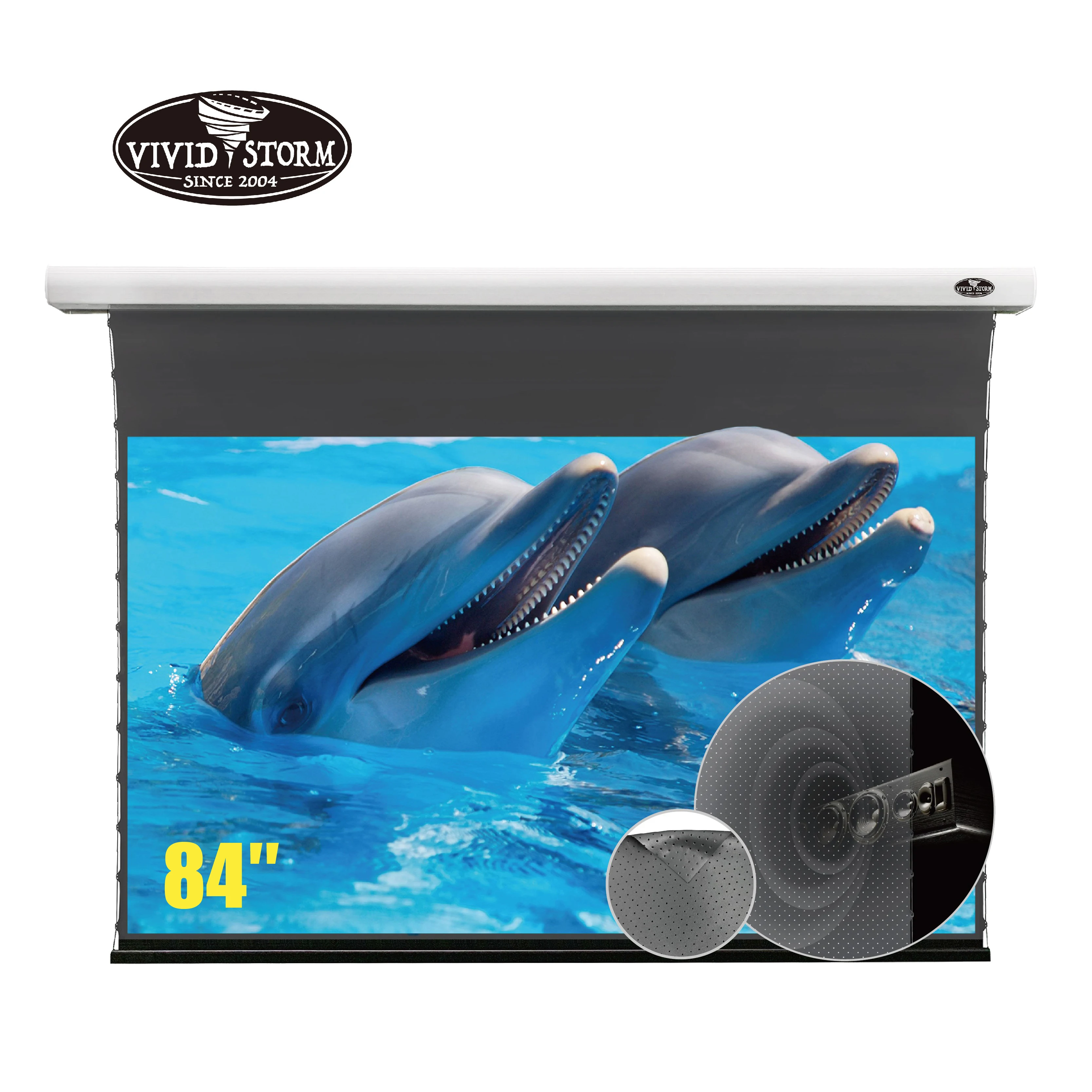 Vividstorm 84 Pollici Slimline Electric Tab-Tensionato Pull Down Obsidian Long Throw Sound Perforate Acusticamente Trasparente