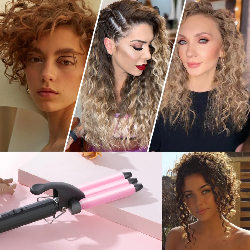 RUCHA Mini Three Barrel Hair Curler Iron Curling Wand 13mm for Home and Travel Ceramic Tourmaline Hair Waves Curls