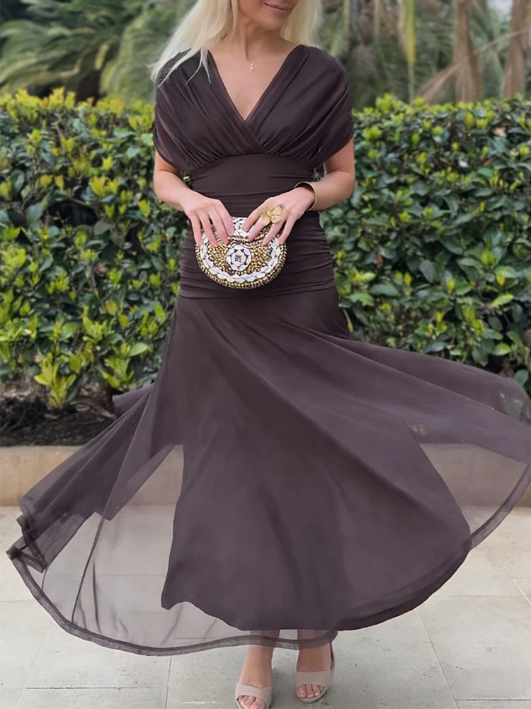 Elegant Off Shoulder Chiffon Maxi Dress Women's Solid V Neck Short Sleeve Floral Print Mesh Slim Wedding Guest Party Long Dress