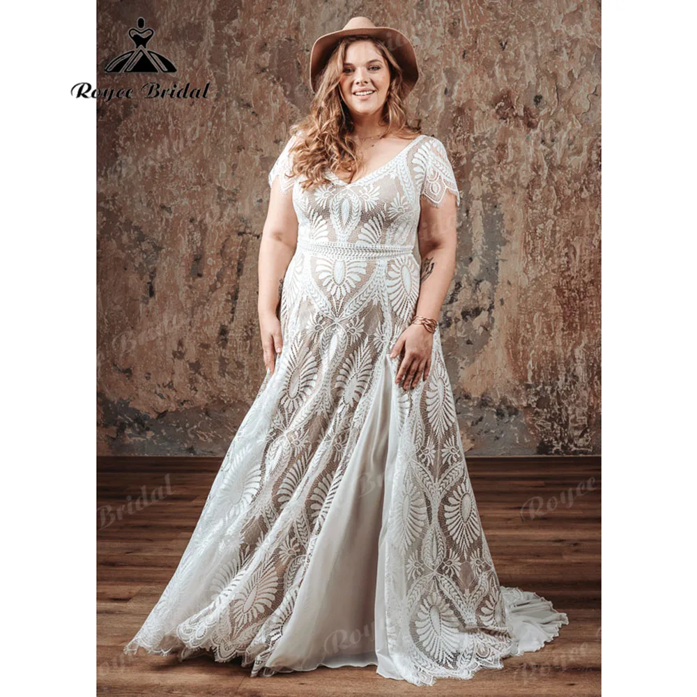 Vestido-de-novia-bohemio-de-encaje-con-cuello-en-V-para-mujer-traje-de ...