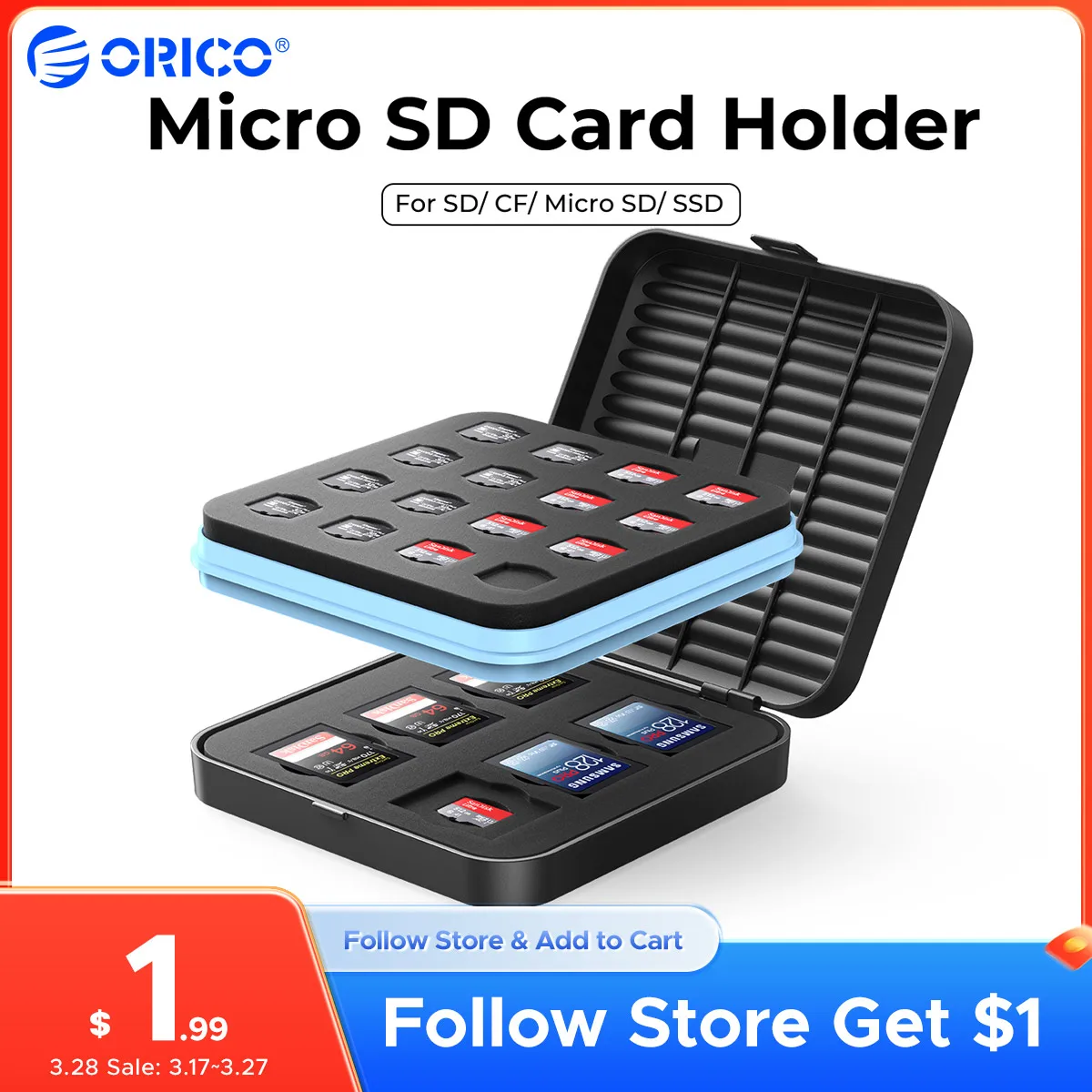 цена ORICO SD Card Case Micro SD Card Holder Case Soft Foam Interior Memory Card Storage Box for SSD/CF/SD Card Holder Organizer