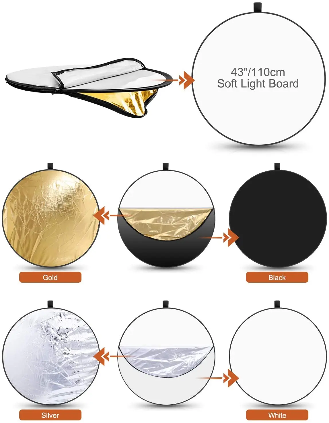 24" 60cm 5in1 Reflector Photography Collapsible Portable Light Diffuser Round Reflector Multi Color Silvery Black