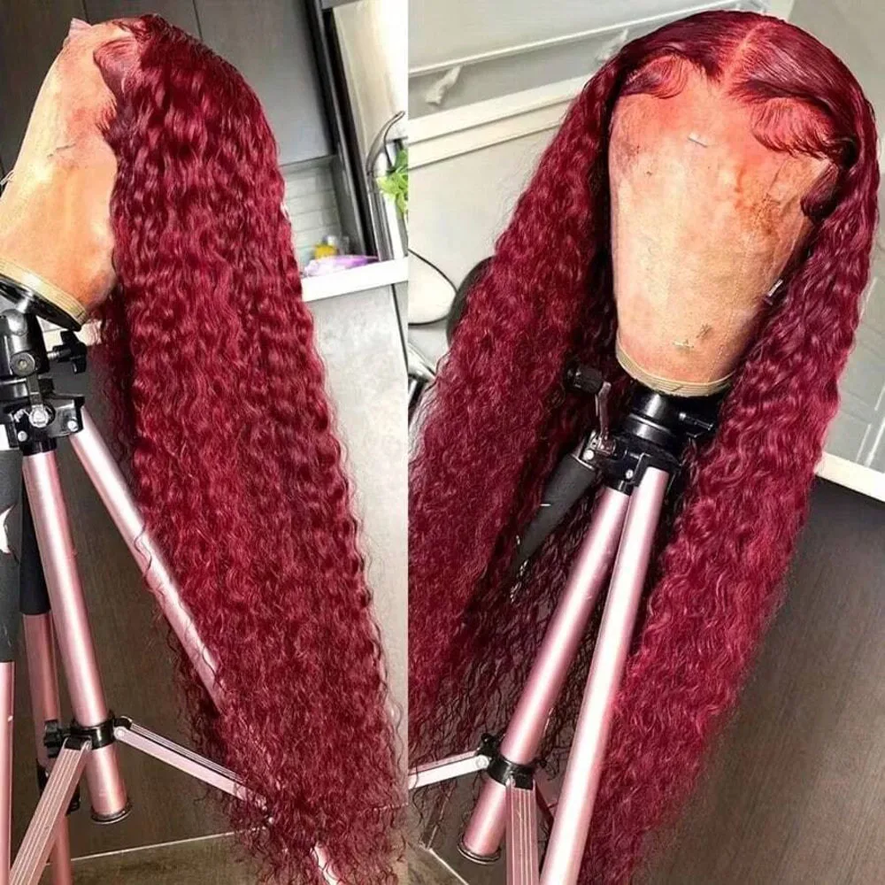 250% Density 99J 13x4 HD Lace Front Human Hair Wigs Burgundy 34Inch Deep Wave Peruvian Curly Glueless Lace Frontal Closure Wigs 1