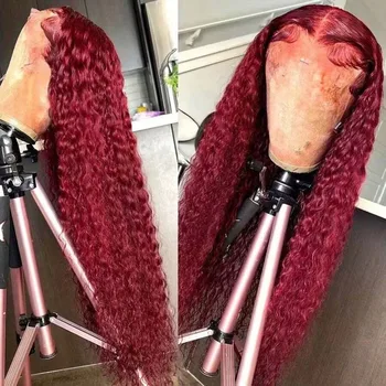 250% Density 99J 13x4 HD Lace Front Human Hair Wigs Burgundy 34Inch Deep Wave Peruvian Curly Glueless Lace Frontal Closure Wigs 1