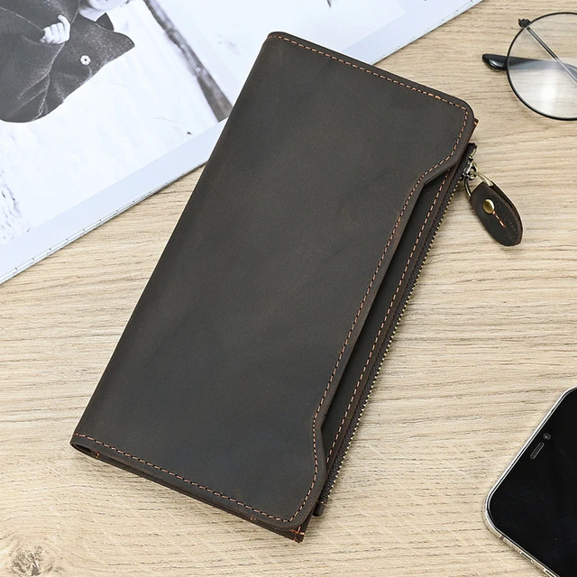 100% Genuine Leather Wallet For Men Male Real Cowhide Vintage Handmade Long  Slim Zipper Clutch Men's Purse Card Holder Phone Bag - AliExpress