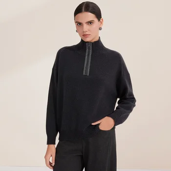 BY4521305 Elegant Pure Wool Women's High Neck Half Zip Sweater 7-Gauge Winter Luxury Knitwear Pullover