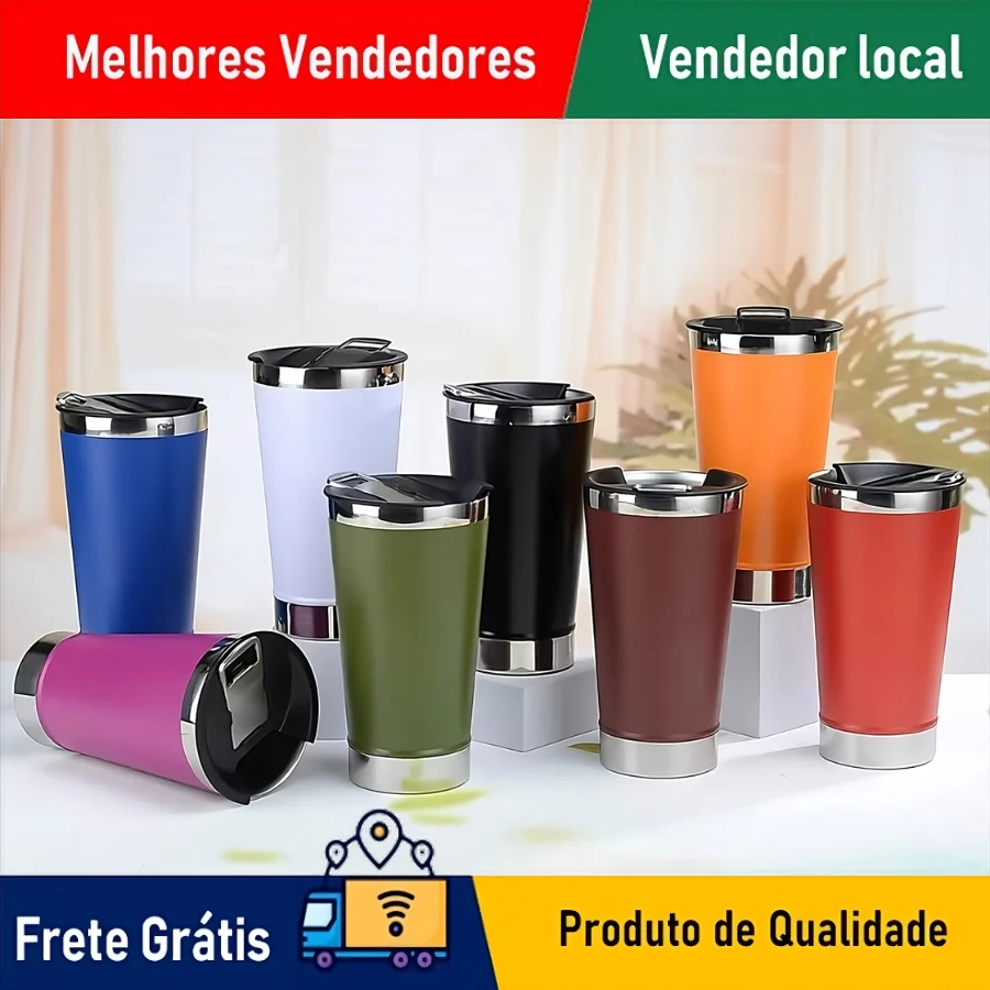SKYTUR STORE Copo Térmico 473ml COM TAMPA E Abridor Inox Para Cerveja Quente e Gelado LISO- ENVIO RAPIDO PARA TODO BRASIL