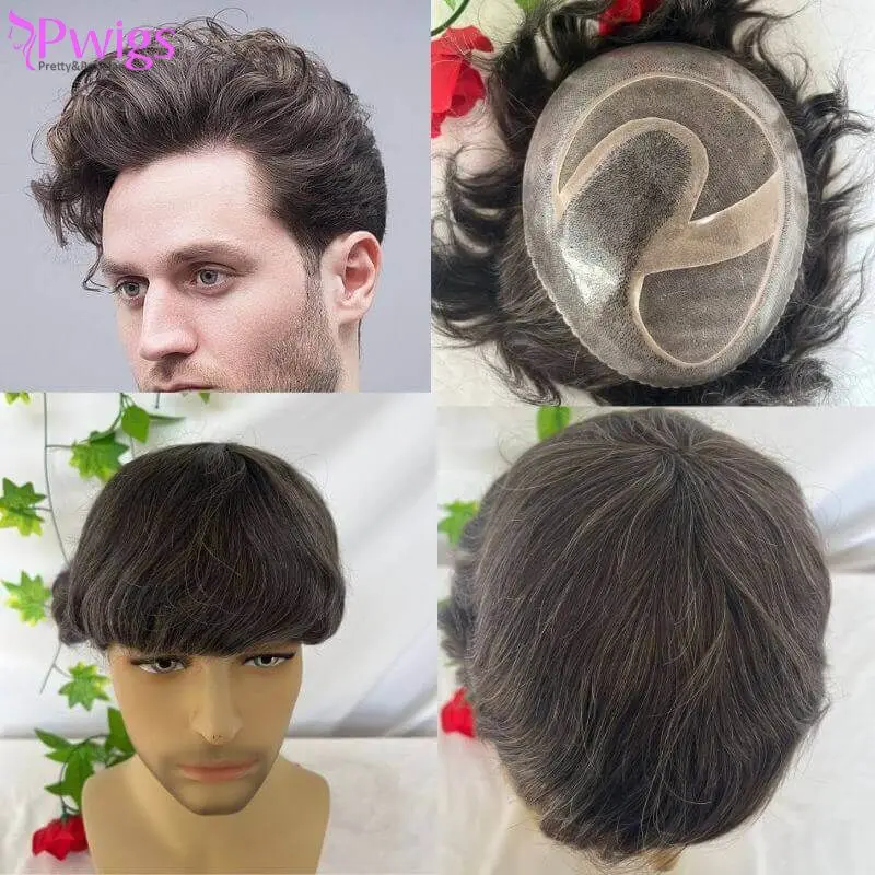 

Pwigs Quality 510# 90% Human 5 Brown Hair Mixed10% Synthetic Grey Hair Toupee For Men SIA PU with Mono Base Men's Hair System