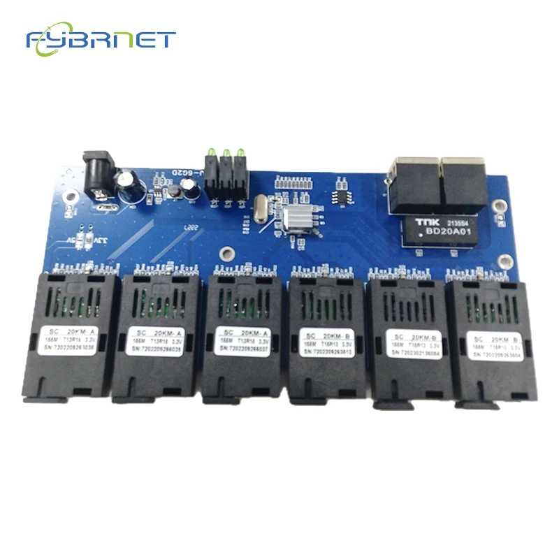 6F2E Fiber switch Ethernet 20KM Media Converter 20KM SC 6 fiber 2 RJ45 10/100MSC PCBA board SC Fast Ethernet Simplex